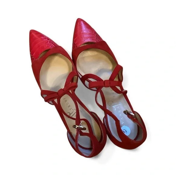 Red Leather Shoes, Pointy toe, bow, adjustable strap, size 6, fits like 6.5-7 - Picture 3 of 14